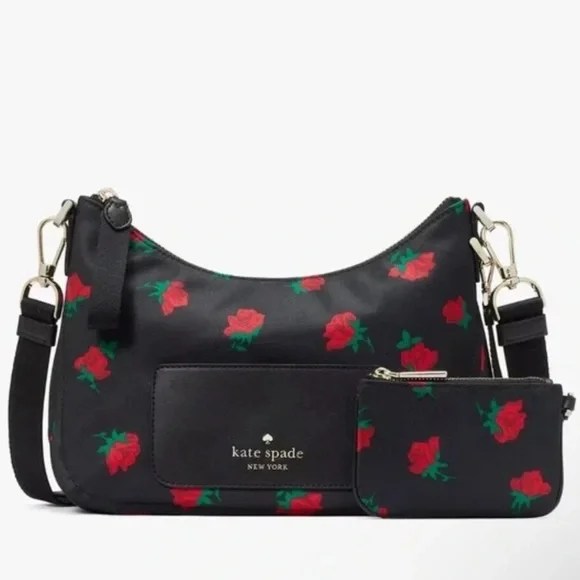 Kate Spade NewYork Chelsea Black Nylon Crossbody Bag & Pouch Red Roses KE437 - Picture 7 of 9